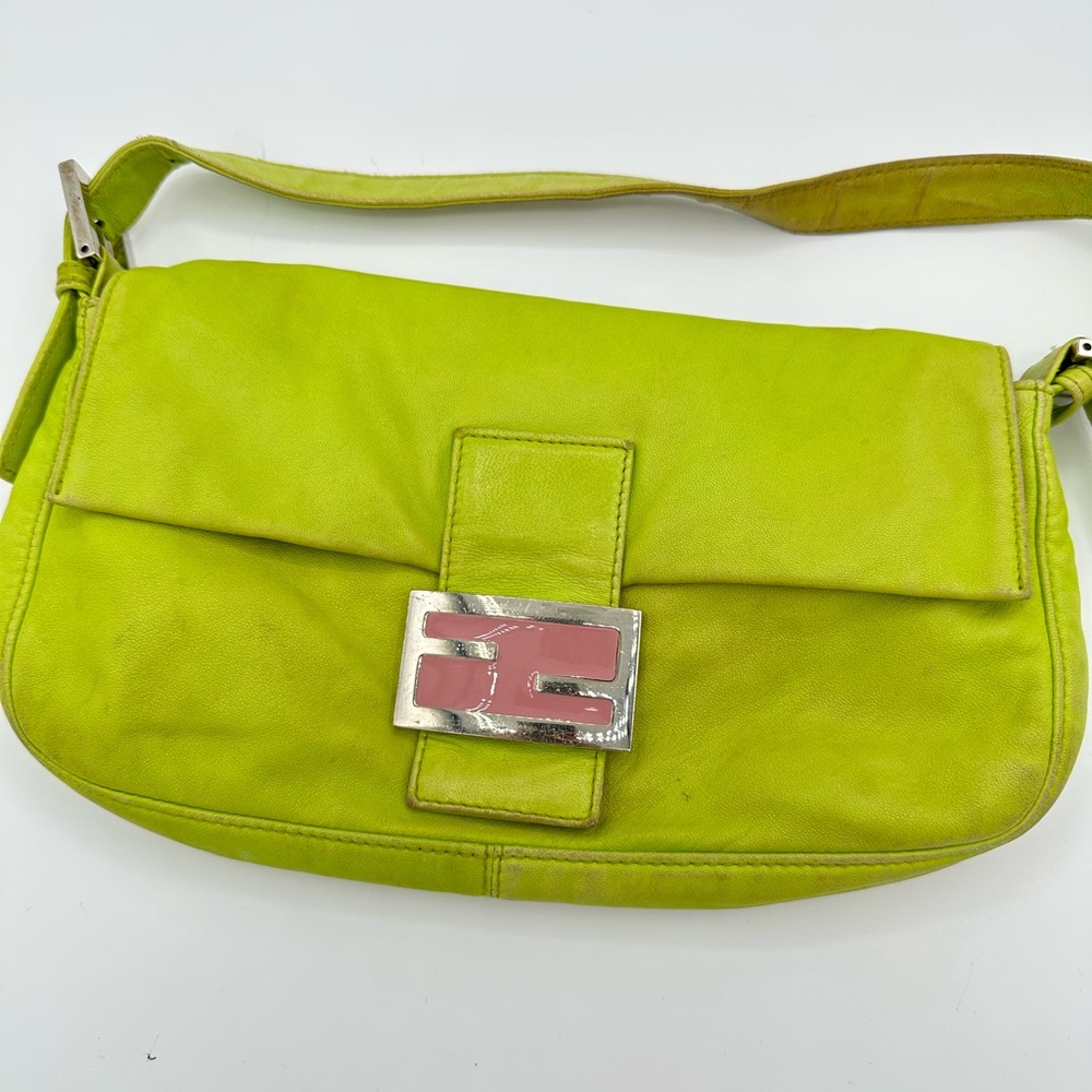 Fendi Vintage Baguette Shoulder Bag Lime Green Calf Leather & Pink Satin